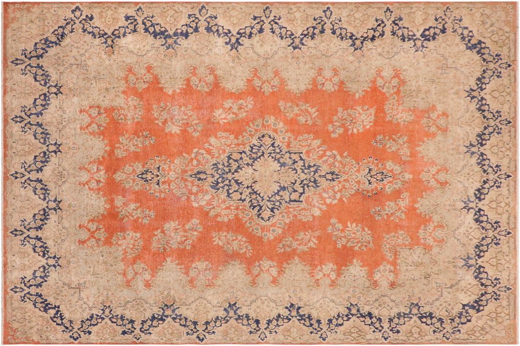Shabby CHic 1990's Vintage Orange/Blue Wool Rug - 9'8'' X 12'11'' - 10