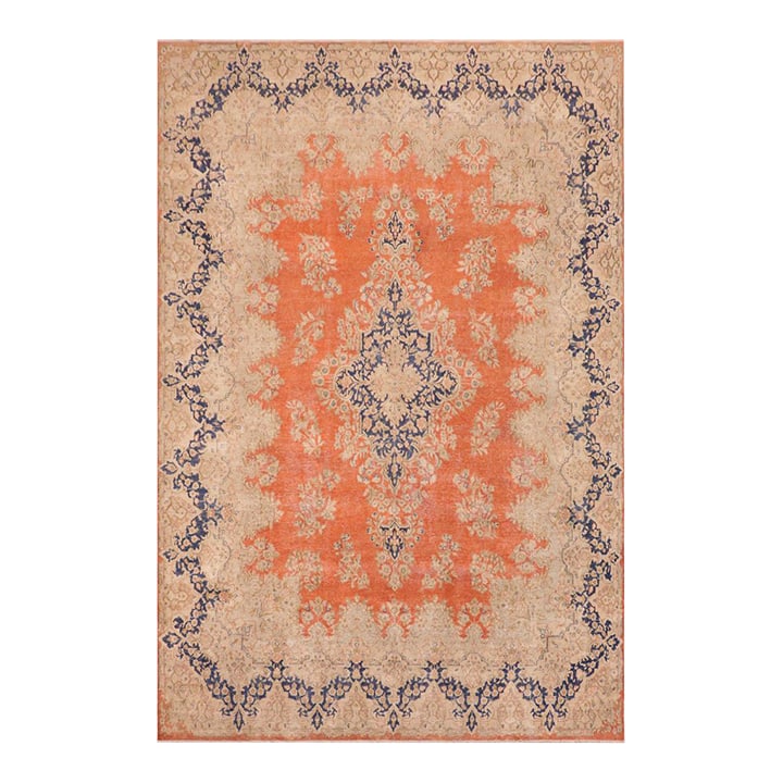 Shabby CHic 1990's Vintage Orange/Blue Wool Rug - 9'8'' X 12'11'': Enhance your living space with this stunning vintage Persian hand-knotted wool rug, a true showstopper that effortlessly elevates any decor. Rich in vibrant colors and adorned with traditional