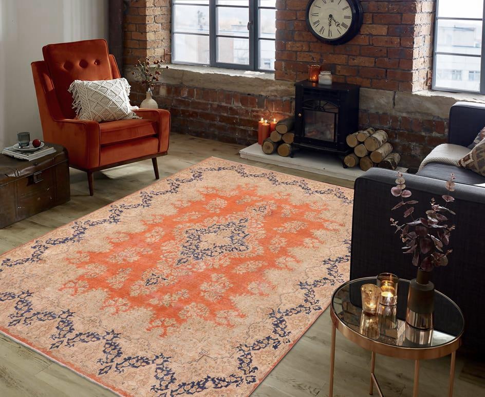 Shabby CHic 1990's Vintage Orange/Blue Wool Rug - 9'8'' X 12'11'' - 2