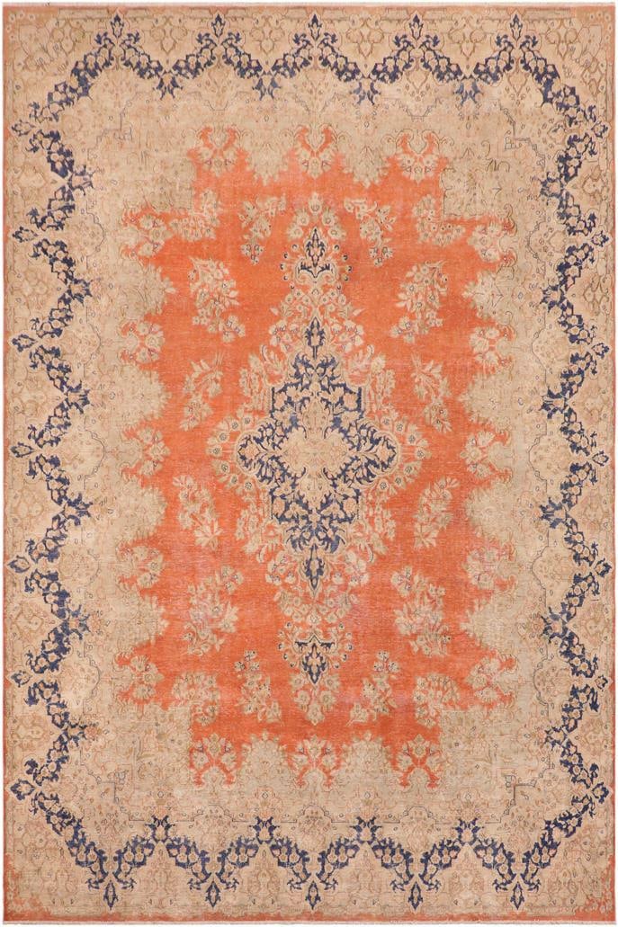 Shabby CHic 1990's Vintage Orange/Blue Wool Rug - 9'8'' X 12'11'' - 9
