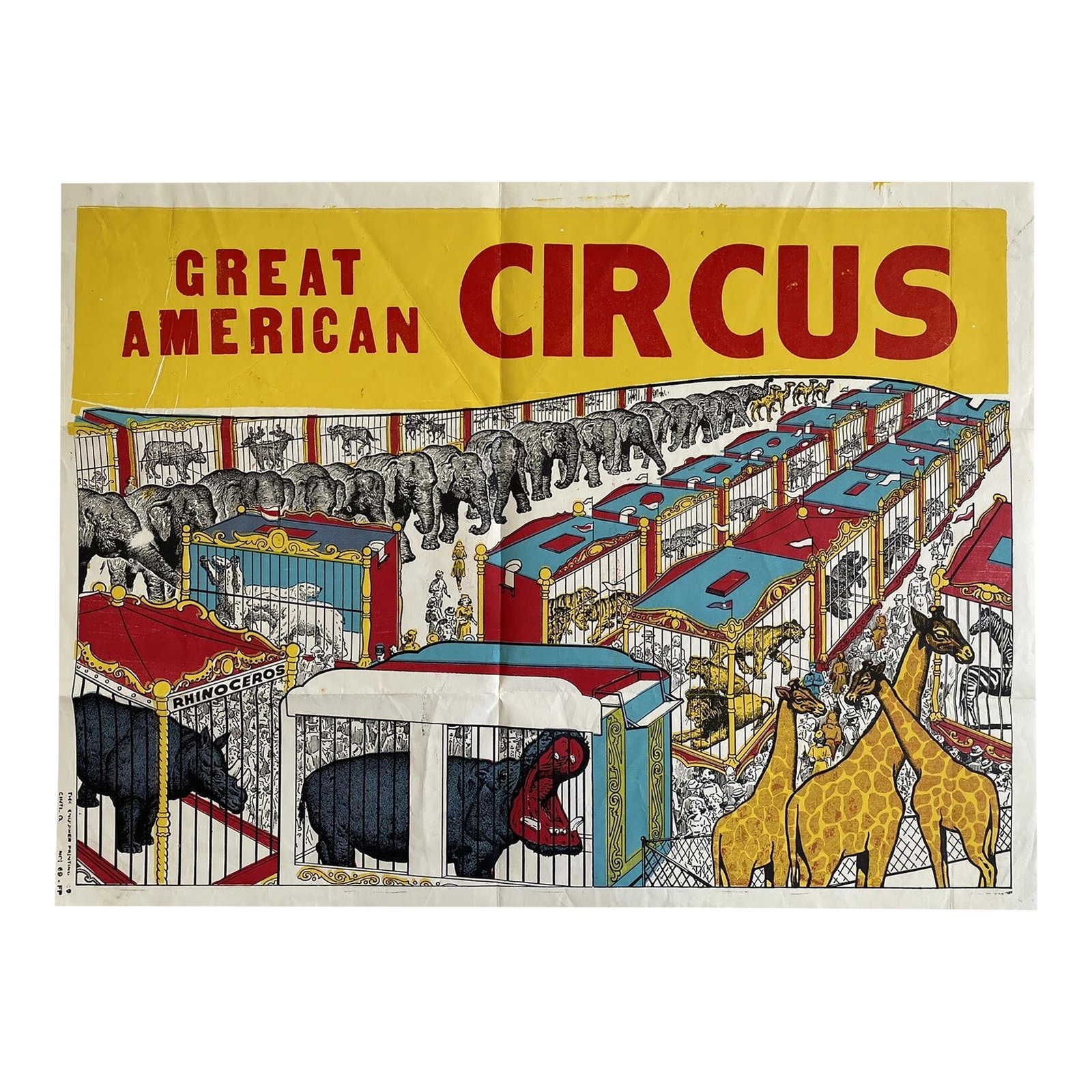 Vintage Great American Circus Poster by the Enquirer Printing Cincinnati 21x28": Does not have a date but it appears to be original or at least quite old. Vibrant colors, will really stand out on a neutral wall. Condition: Alterations: Original Condition Unaltered Imperfections: