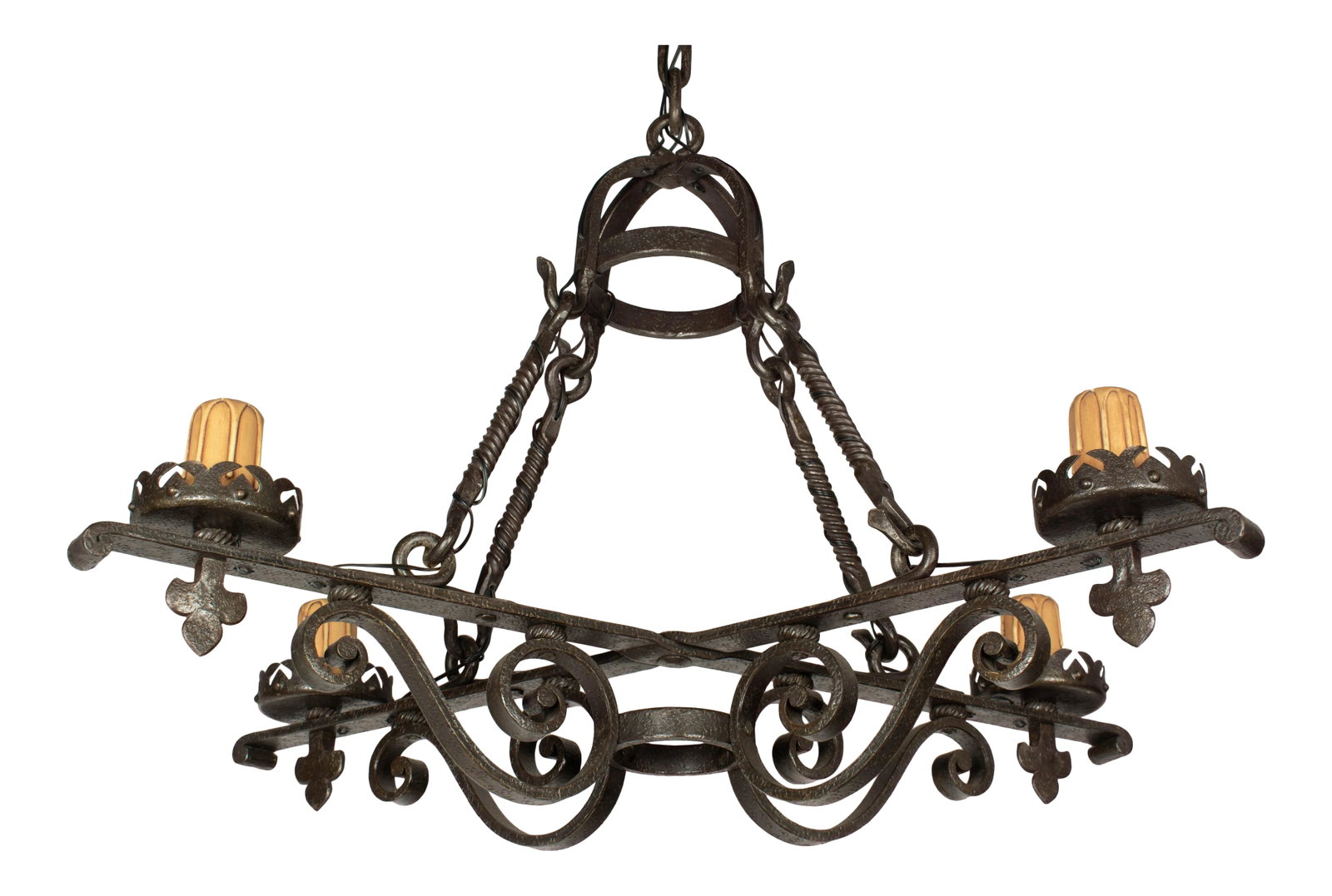 French Art Deco Wrought Iron Chandelier: A heavy French Art Deco four-light wrought iron scroll form rectangular chandelier. Exceptional craftsmanship. In working condition, rewired with new sockets. Original candle covers, thick chain and
