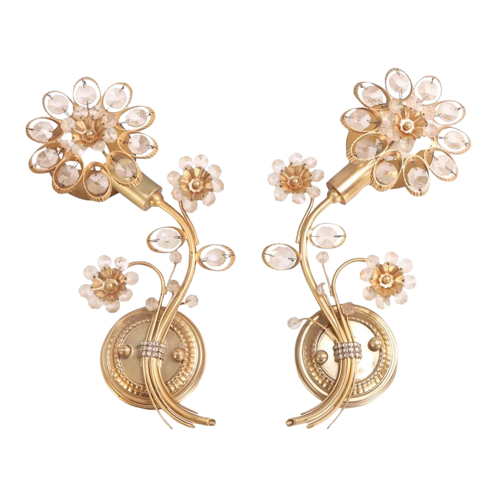 1970s Pair of Ernst Palme Brass Crystal Flower Sconces Wall Lights by Palwa Germany: Exquisite pair of beautiful floral brass sconces by designer Ernst Palme for Palwa (Palme and Walter) in Germany. Made of brass with faceted cut crystals for the petals. Lights are unmarked.