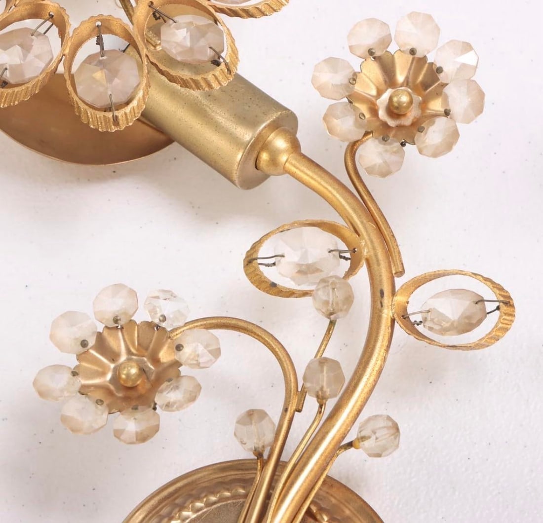 1970s Pair of Ernst Palme Brass Crystal Flower Sconces Wall Lights by Palwa Germany - 3