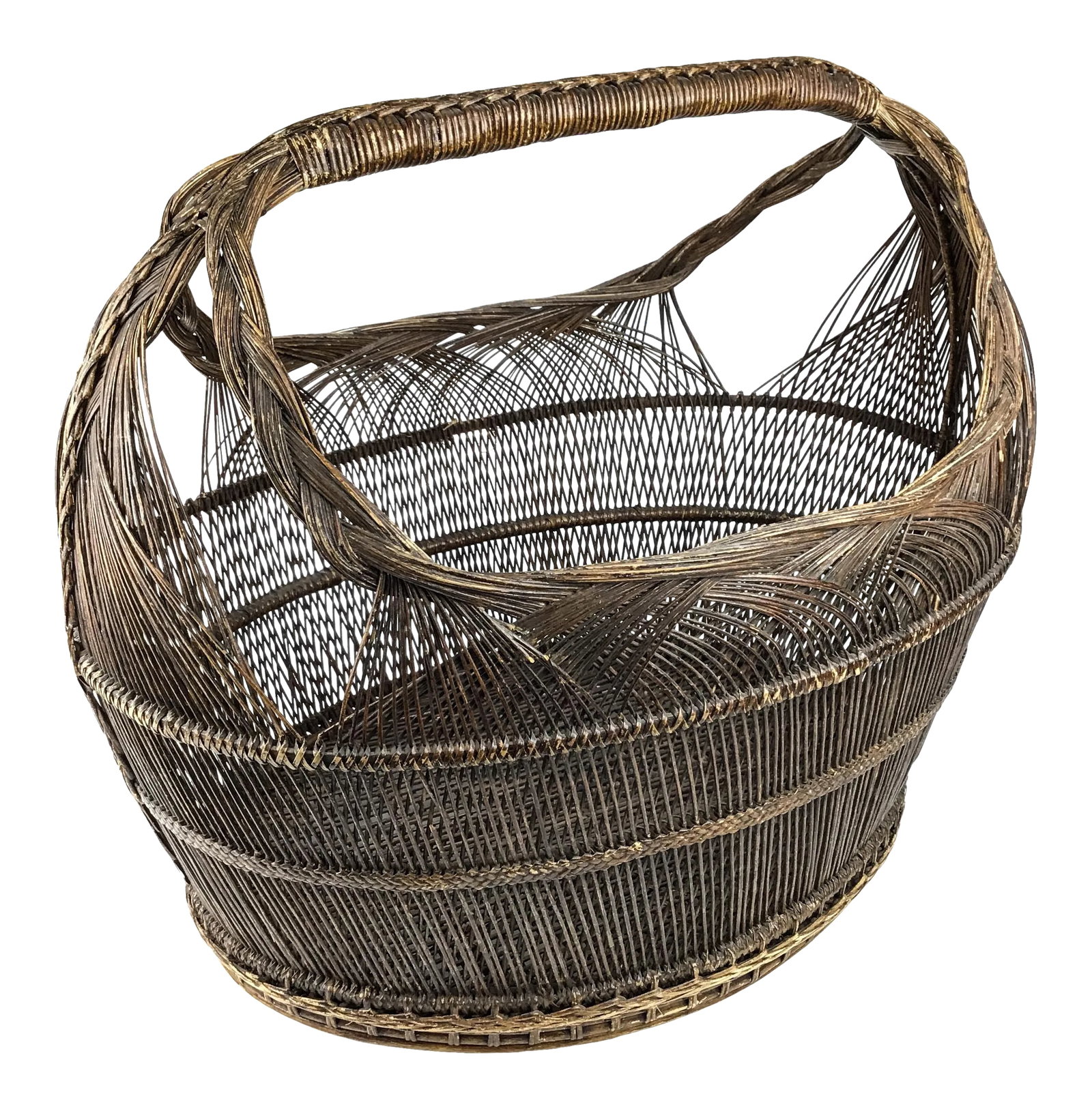 1950s Extra Large Japanese Artisan Hand Woven Basket: This extra large basket was acquired from an auction house in Hong Kong during the 80s. Unfortunately all paperwork has been long gone. Just look at the intricate details and weaving patterns.