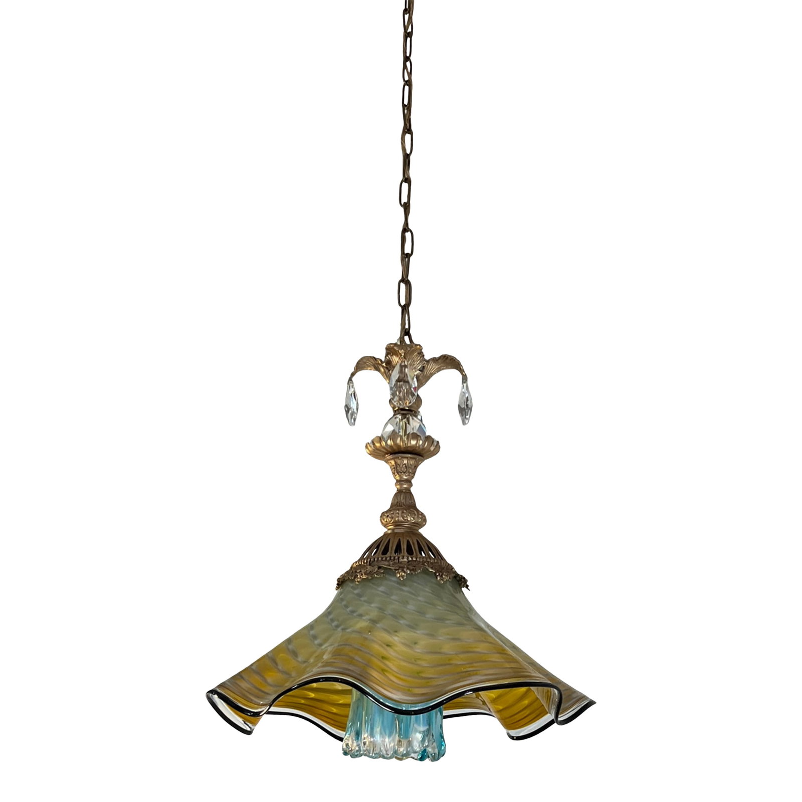 Antique Murano and LaChaussee Art Glass Shades Ormolu Metal Pendant Light: This one-of-a-kind pendant light is a striking fusion of antique craftsmanship and contemporary hand-blown artistry. Its centerpiece is a substantial 22-inch LaChausee glass shade, hand blown with a