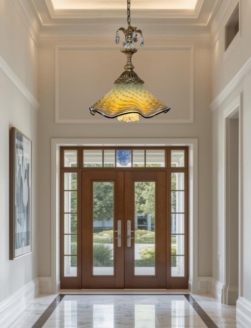 Antique Murano and LaChaussee Art Glass Shades Ormolu Metal Pendant Light - 2