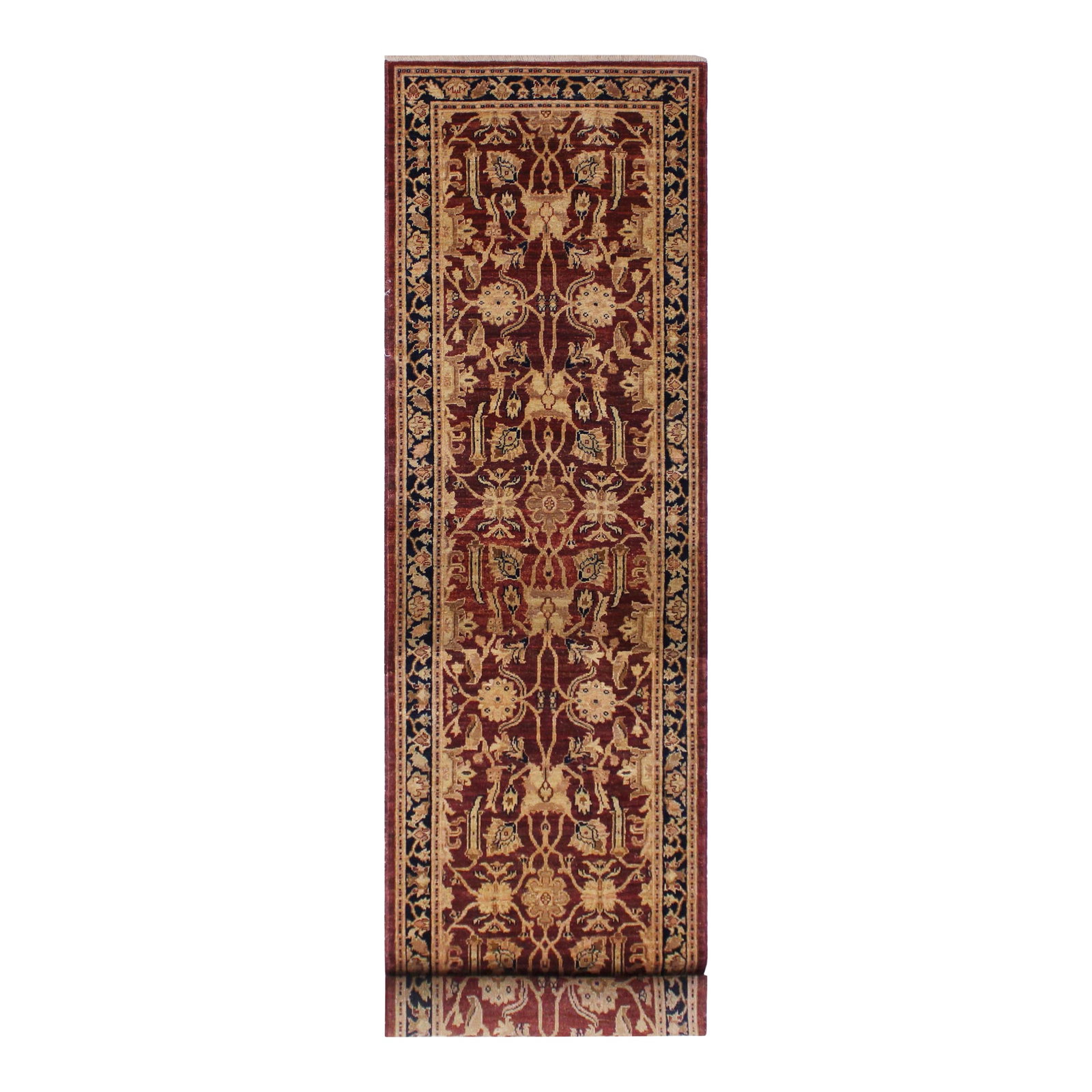 Ziegler 1990's Dark Red/Blue Wool Runner Rug- 3'1'' X 11'10'': Enhance the ambiance of your home with this magnificent Persian-influenced Turkish hand-knotted rug made by skilled artisans capable of creating the most exceptional vegetable dyes and hand spun