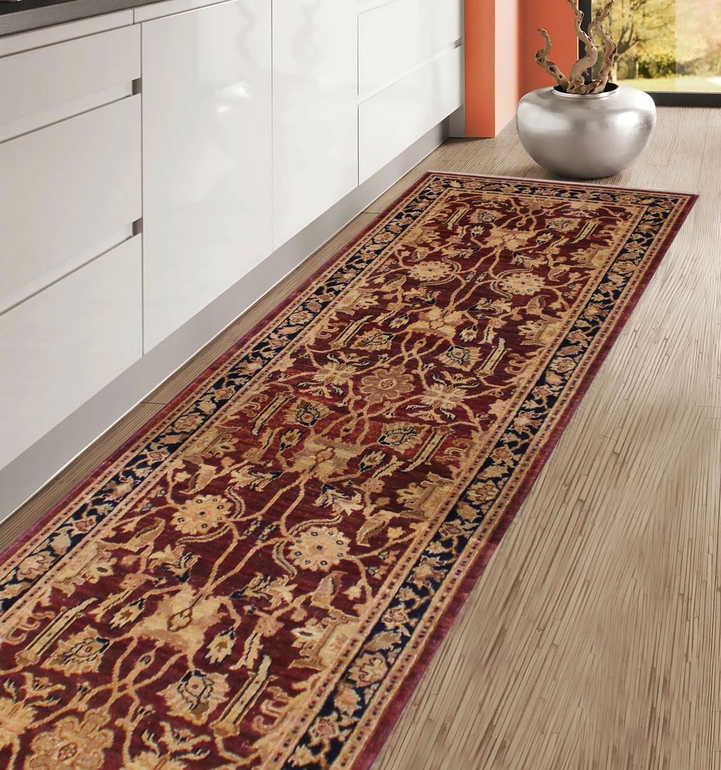 Ziegler 1990's Dark Red/Blue Wool Runner Rug- 3'1'' X 11'10'' - 2