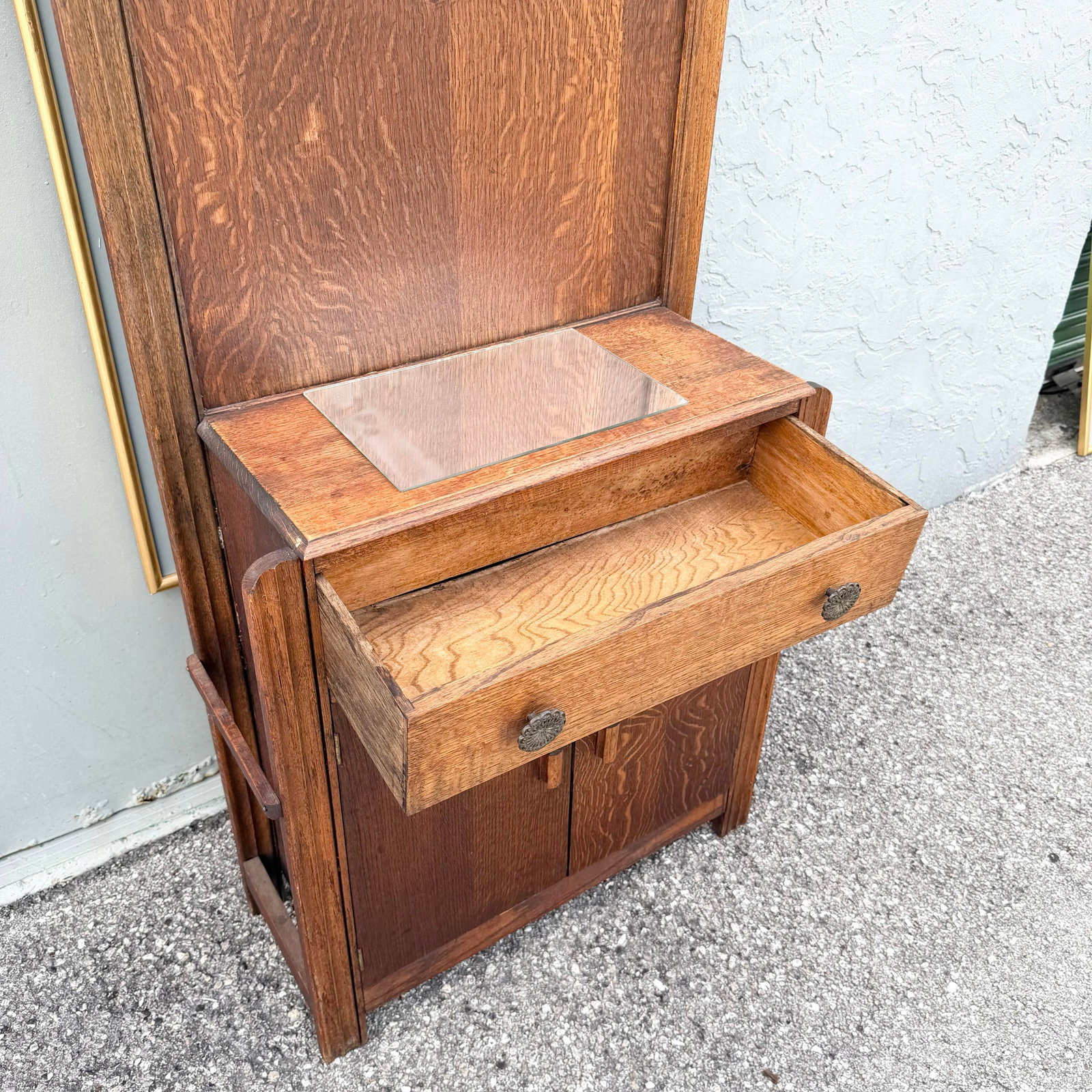 Antique Tiger Oak Hall Tree - 6