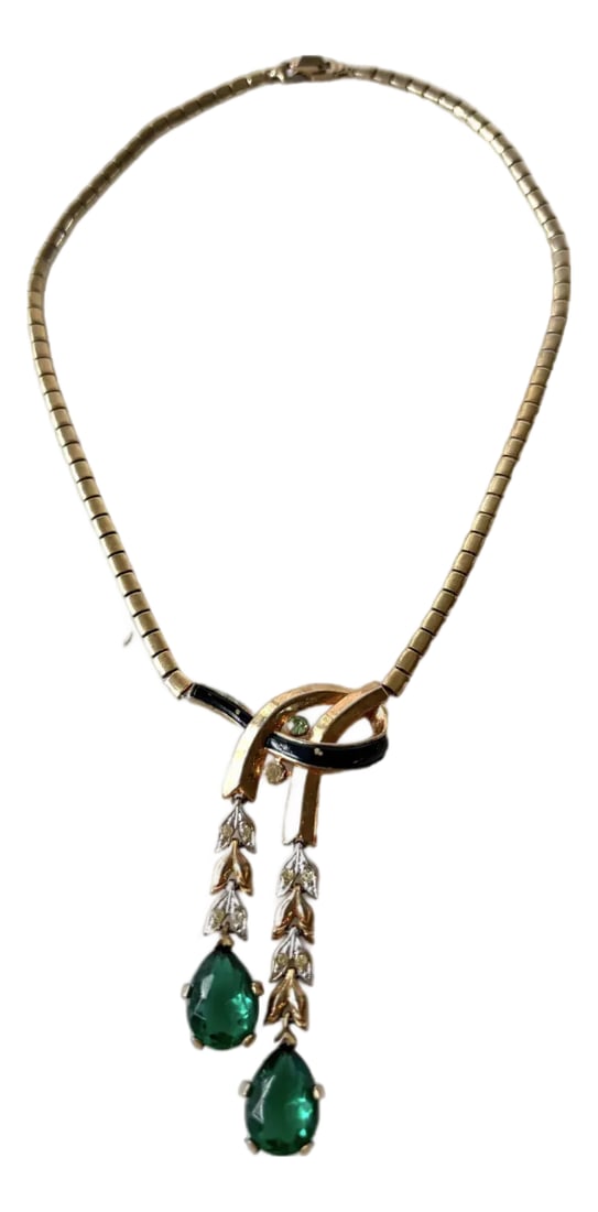 15" Vintage Crown Stamped Trifari Gold-Toned Emerald and Clear Rhinestone Necklace - 1949: Rare, vintage Crown Trifari gold-toned emerald and clear rhinestone necklace from 1949. Stamped "Trifari Pat Pend" Condition: Alterations: Original Condition Unaltered Imperfections: Some
