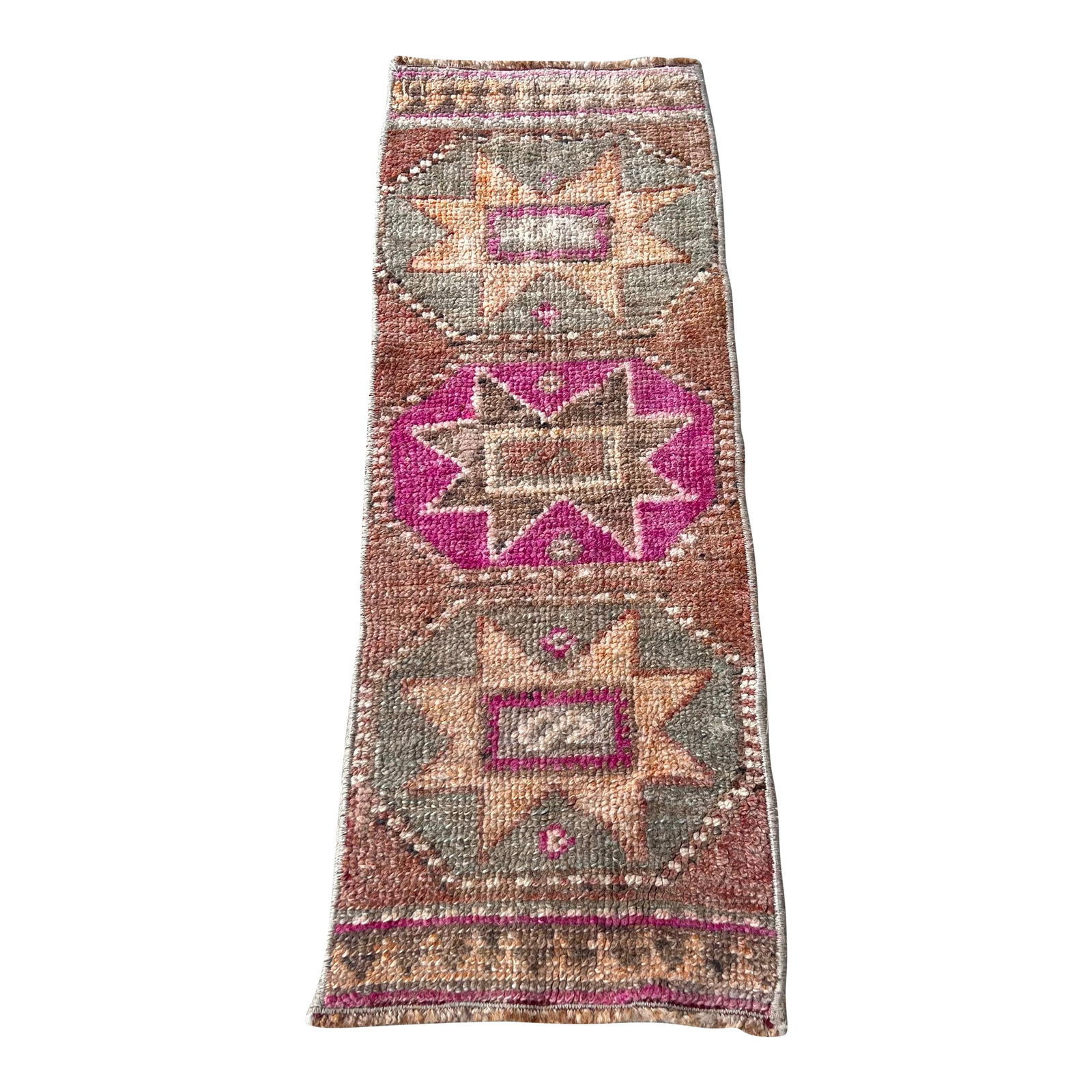 1960s Turkish Miniature Distressed Rug - 1'1x3': All rugs have been professionally cleaned; original condition is not altered, age-related wear is considered normal in these unique, hand woven vintage rugs. It is common for slight variations in wear