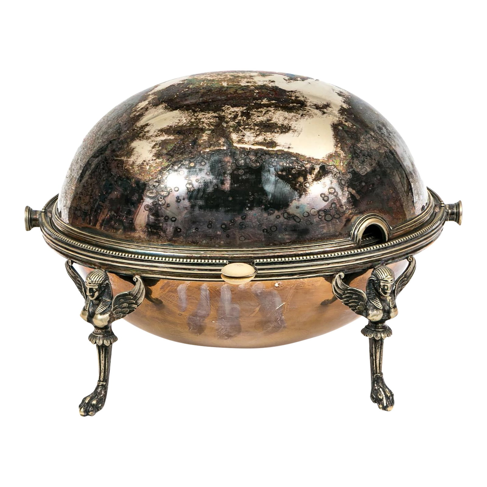 Antique Henry Wilkinson Sheffield Silverplate Bread Warmer Egyptian Revival Sphinx Legs: Antique English silver-plated bread warmer by Henry Wilkinson & Co. of Sheffield, featuring an elegant domed form raised on four striking Egyptian Revival sphinx-style legs with paw feet. The