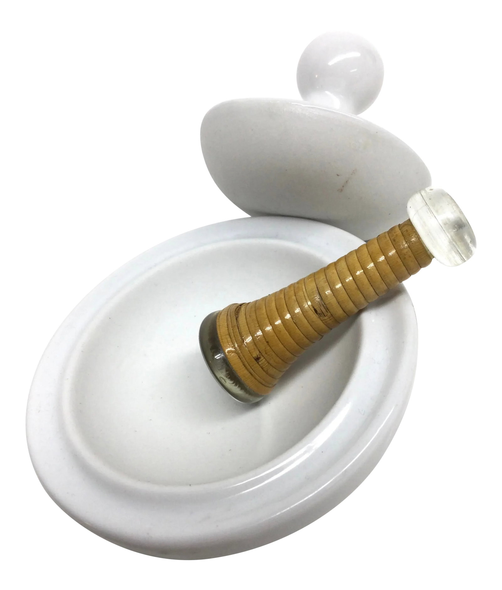 Antique White Ceramic Mortar & Pestle Set With Lid: Stunning set made from heavy ceramic, never used. A great investment piece to display or actually use. Small but perfect for bits of spice or medicine. In perfect condition. Gift worthy indeed!