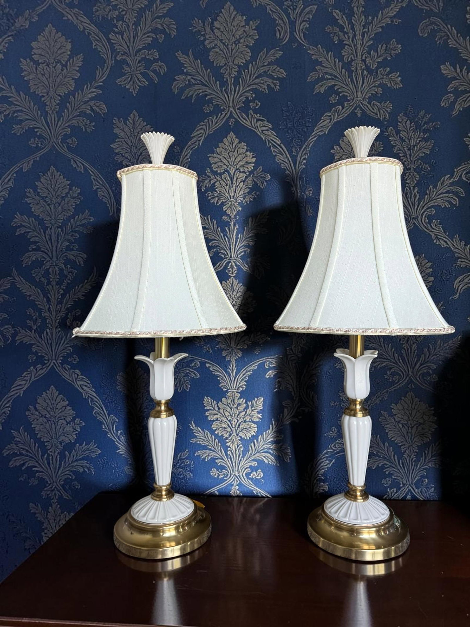 Vintage Lenox Porcelain & Brass Table Lamps - A Pair - 8