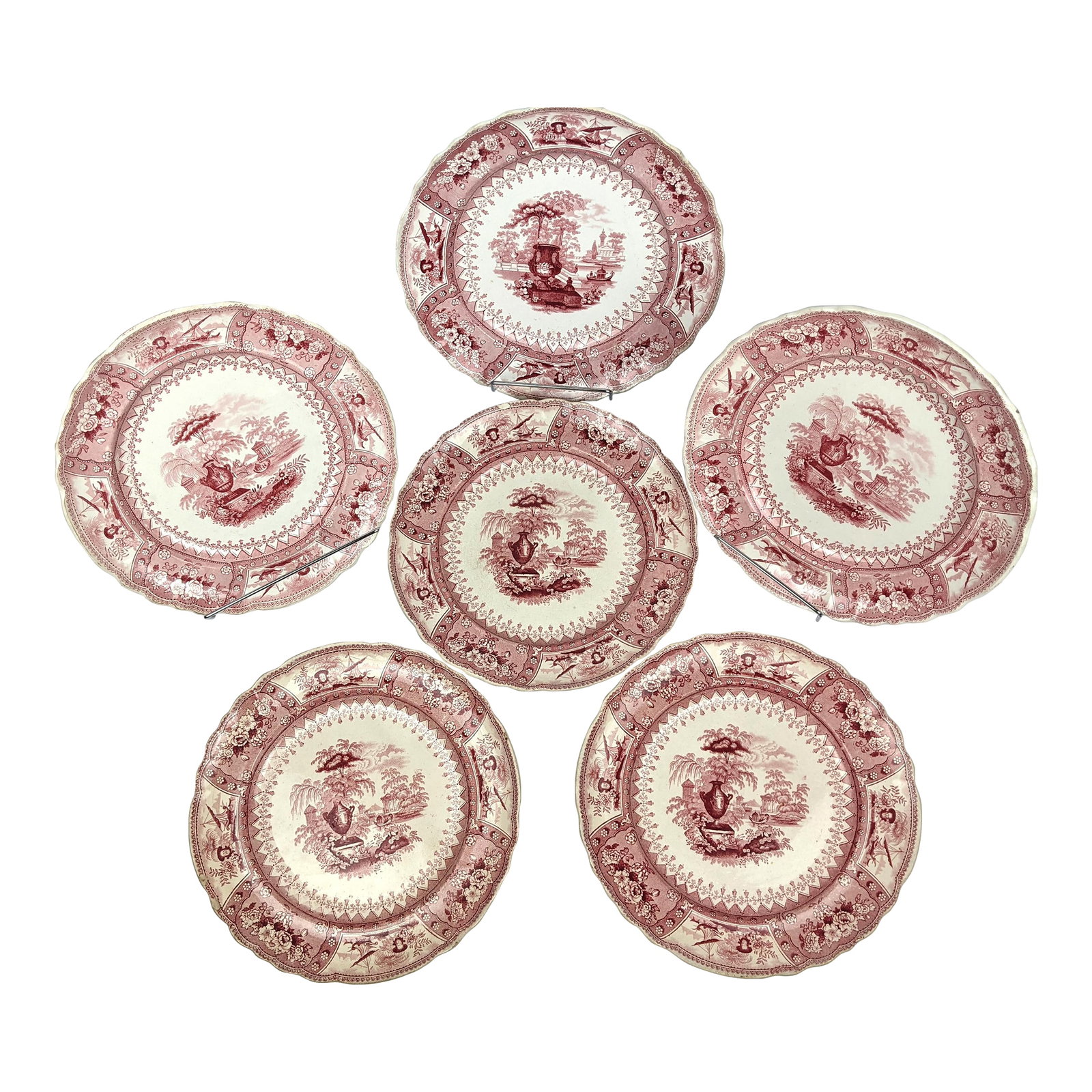 Antique Staffordshire Red Transferware Canova Plates by T. Mayer, Set of 6: A handsome set of six antique Staffordshire red transferware plates in the highly collectible Canova pattern by renowned English pottery manufacturer T. Mayer of Stoke-upon-Trent, England. Each plate