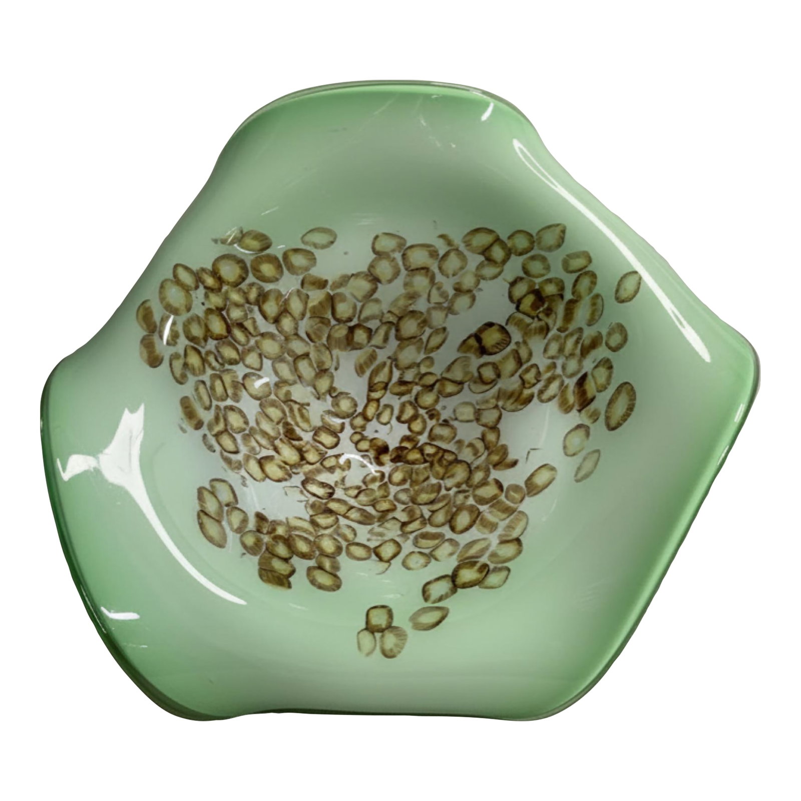 1960s Mid-Century Modern 18" Murano Glass Murrine Handkerchief Bowl: An absolute showstopper for the discerning modernist collector, this exhibition-scale mid-century Murano glass console bowl makes an elegant, sculptural statement. Measuring a commanding 18 inches in
