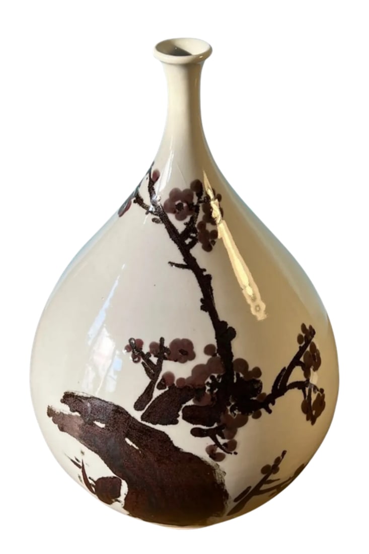 Mid-Century Asian White Pottery Bottle Vase With Brown Plum Blossoms - 10
