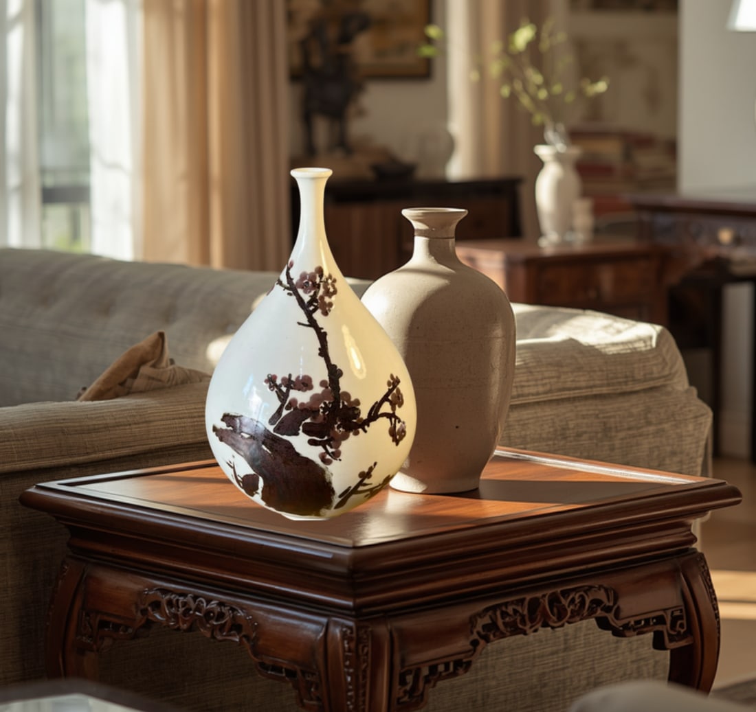 Mid-Century Asian White Pottery Bottle Vase With Brown Plum Blossoms - 11