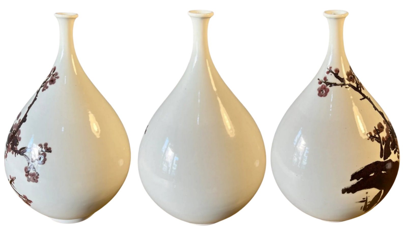 Mid-Century Asian White Pottery Bottle Vase With Brown Plum Blossoms - 13