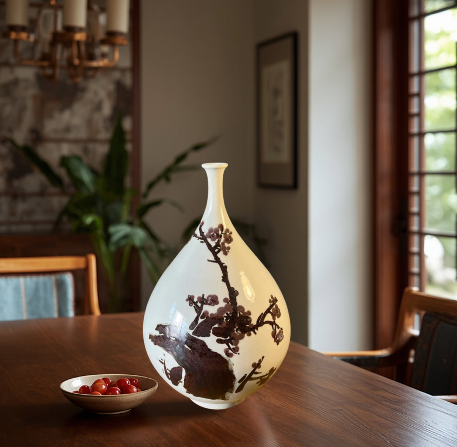 Mid-Century Asian White Pottery Bottle Vase With Brown Plum Blossoms - 16