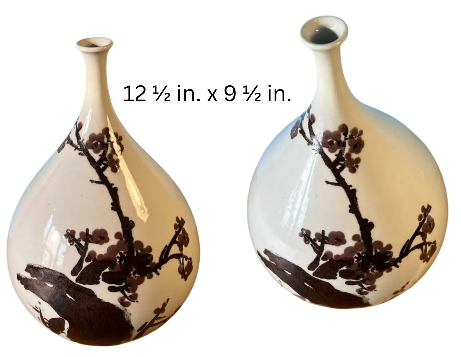 Mid-Century Asian White Pottery Bottle Vase With Brown Plum Blossoms - 17