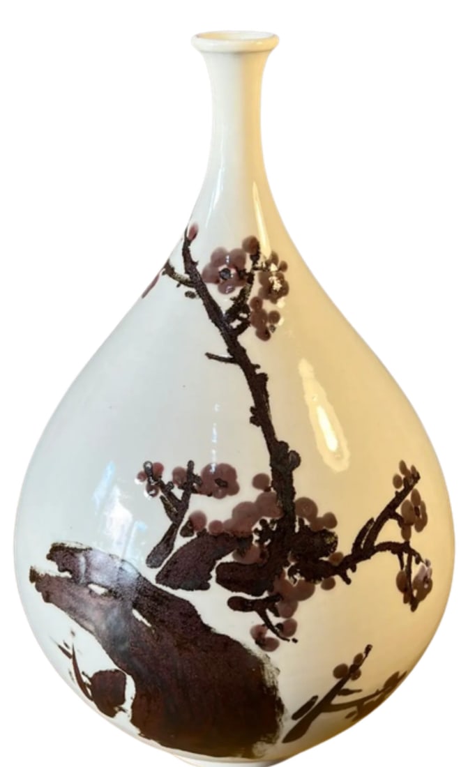 Mid-Century Asian White Pottery Bottle Vase With Brown Plum Blossoms - 2