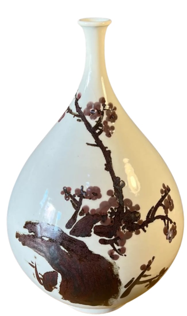 Mid-Century Asian White Pottery Bottle Vase With Brown Plum Blossoms - 3