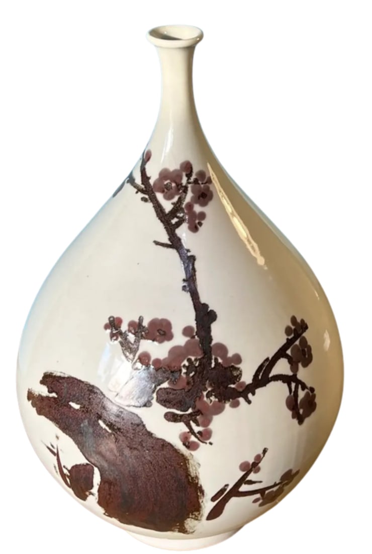 Mid-Century Asian White Pottery Bottle Vase With Brown Plum Blossoms - 4