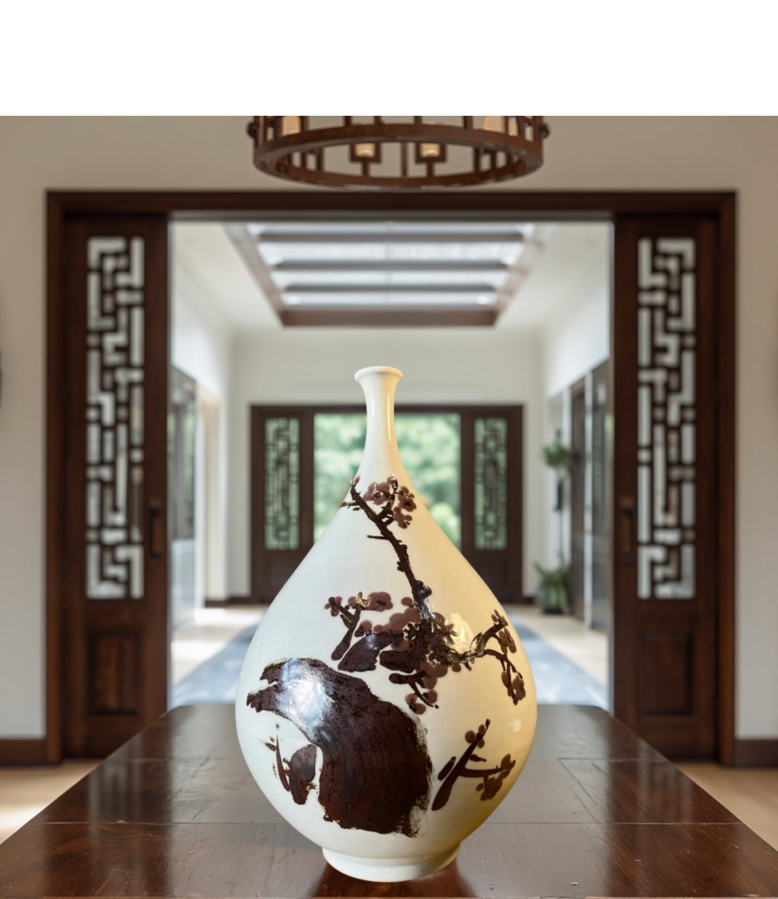 Mid-Century Asian White Pottery Bottle Vase With Brown Plum Blossoms - 5