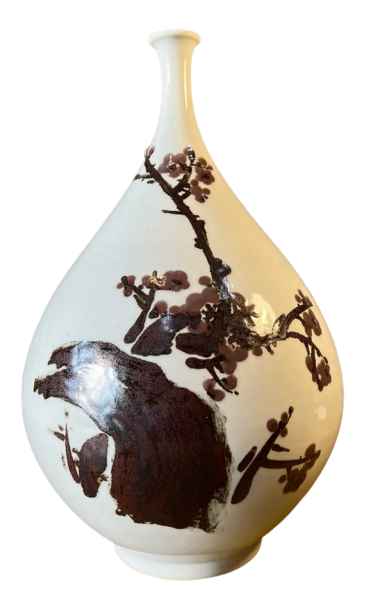 Mid-Century Asian White Pottery Bottle Vase With Brown Plum Blossoms - 8