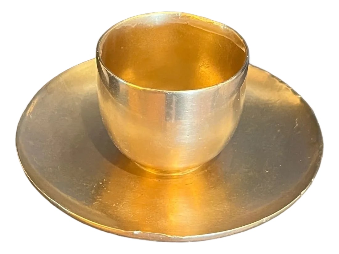 Antique Heavy Gilt Bronze Ritual Altar Cup & Saucer - Hand Hammered: An exceptional and remarkably heavy antique ritual altar set. Weighing a substantial 2.4 pounds, this set is hand-cast and hammered from thick bronze or brass with a rich gold-leaf wash. The