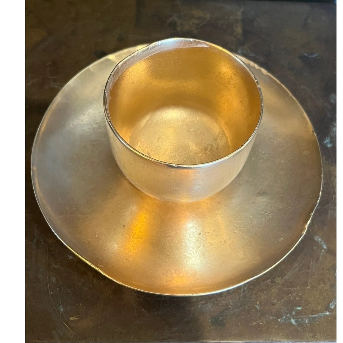 Antique Heavy Gilt Bronze Ritual Altar Cup & Saucer - Hand Hammered - 2
