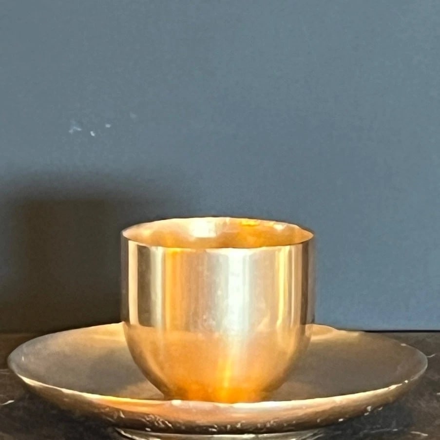 Antique Heavy Gilt Bronze Ritual Altar Cup & Saucer - Hand Hammered - 4