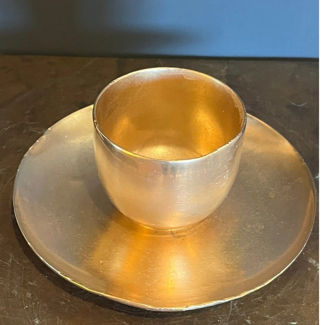 Antique Heavy Gilt Bronze Ritual Altar Cup & Saucer - Hand Hammered - 5