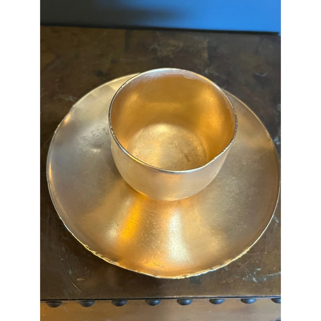 Antique Heavy Gilt Bronze Ritual Altar Cup & Saucer - Hand Hammered - 6