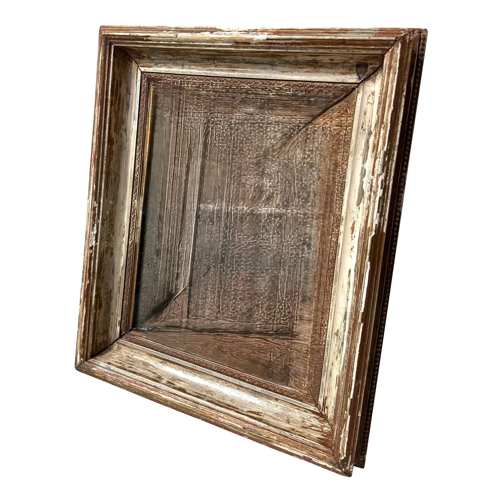 Antique Foxed Mirror Vanity Tray: Imperfectly perfect! This charming vintage mirror features a beautifully timeworn painted wood frame with warm ivory, soft brown, and subtle red undertones peeking through layers of aged paint. The