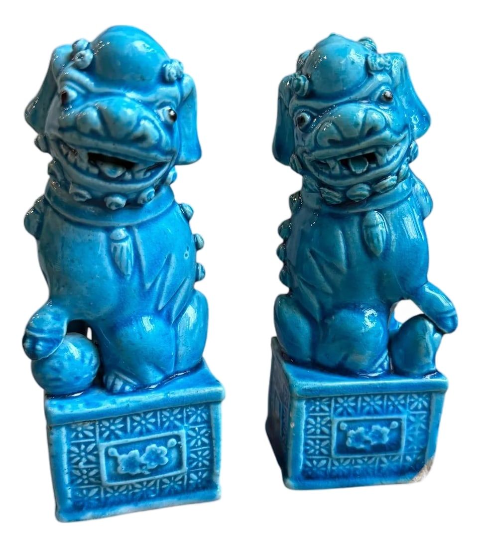 Set of 2, 1970s Blue Foo Dog Guardian Lion Ceramics Set (1 of 10)
