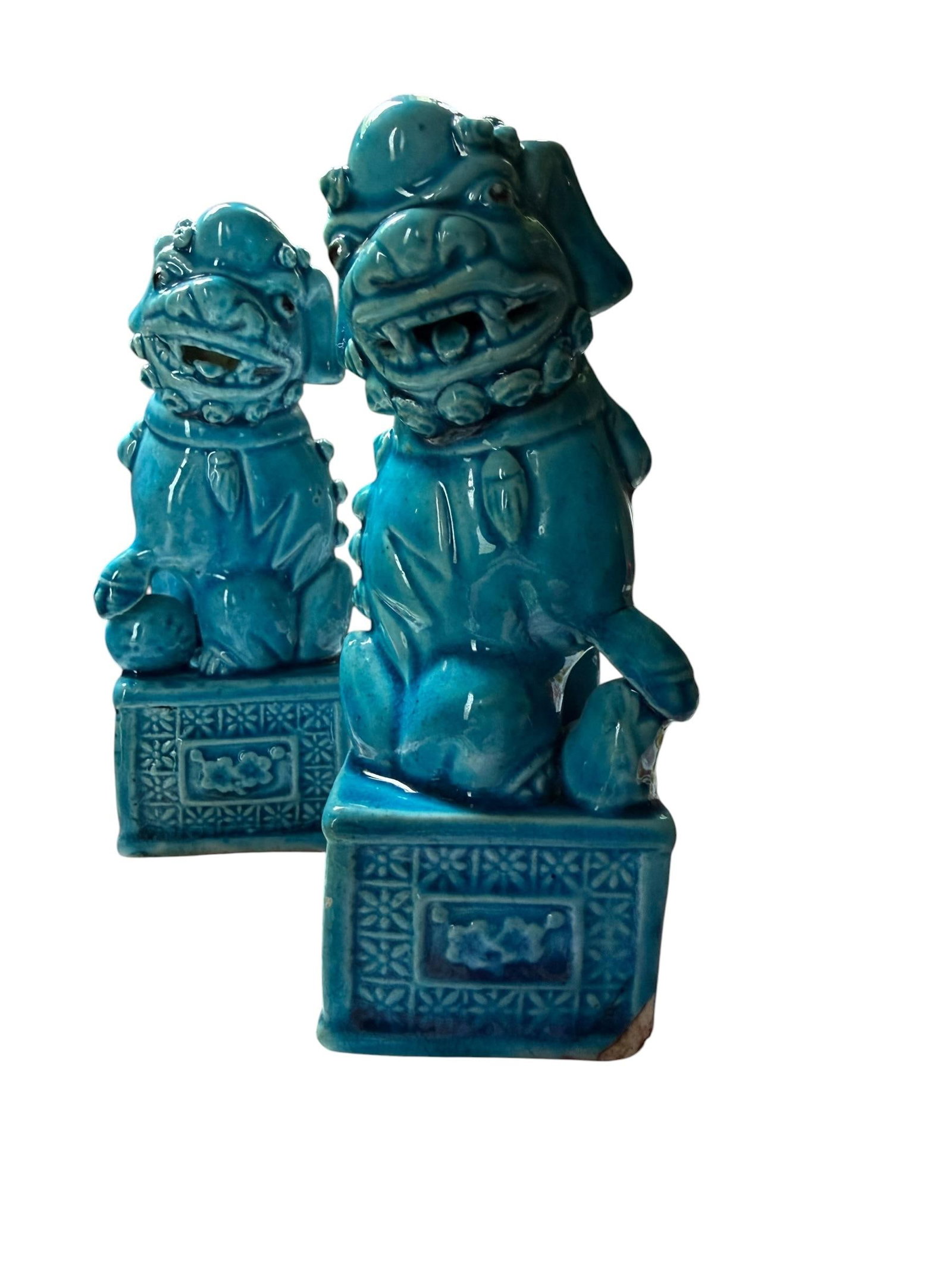 Set of 2, 1970s Blue Foo Dog Guardian Lion Ceramics Set - 4