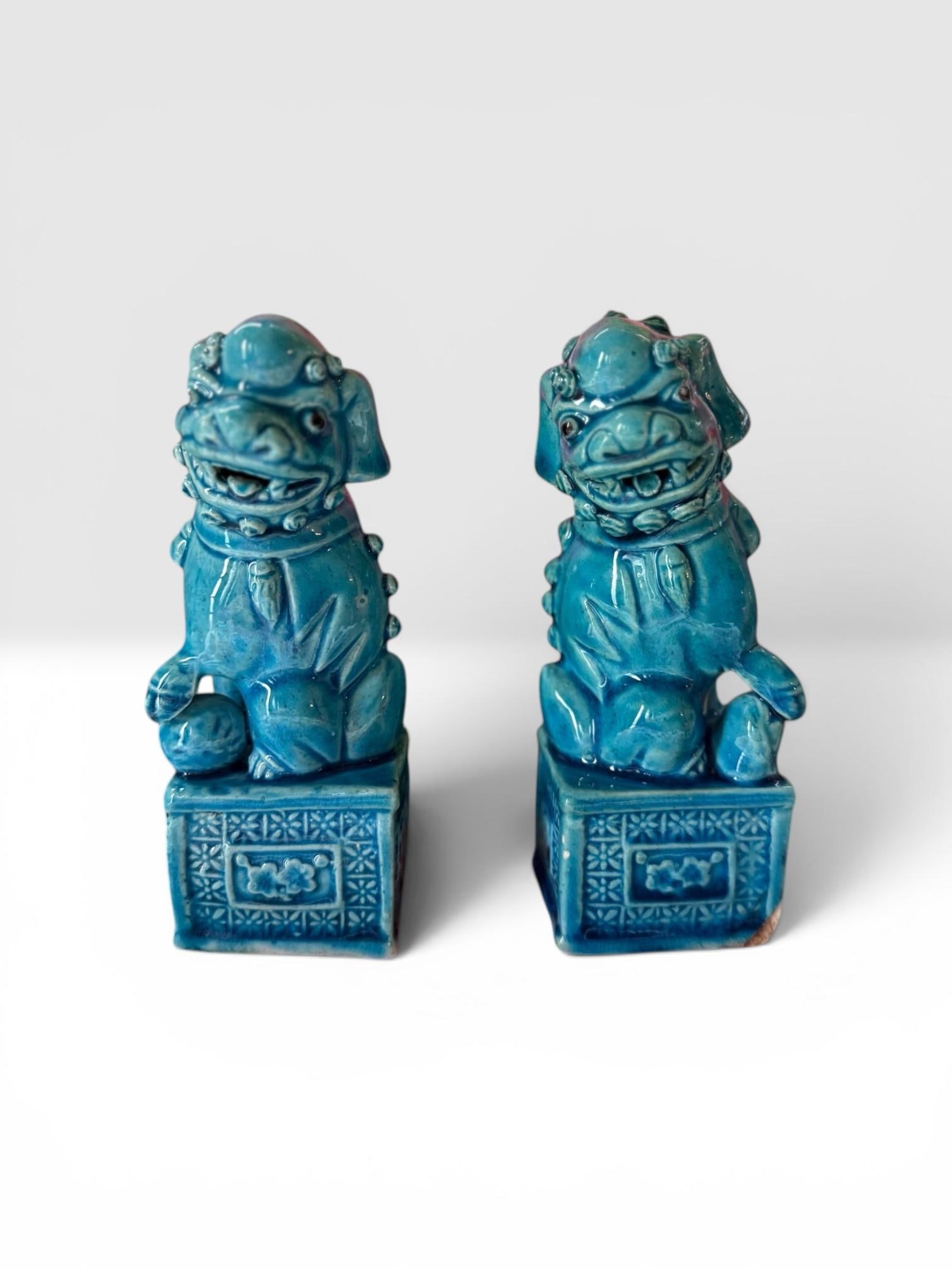 Set of 2, 1970s Blue Foo Dog Guardian Lion Ceramics Set - 5