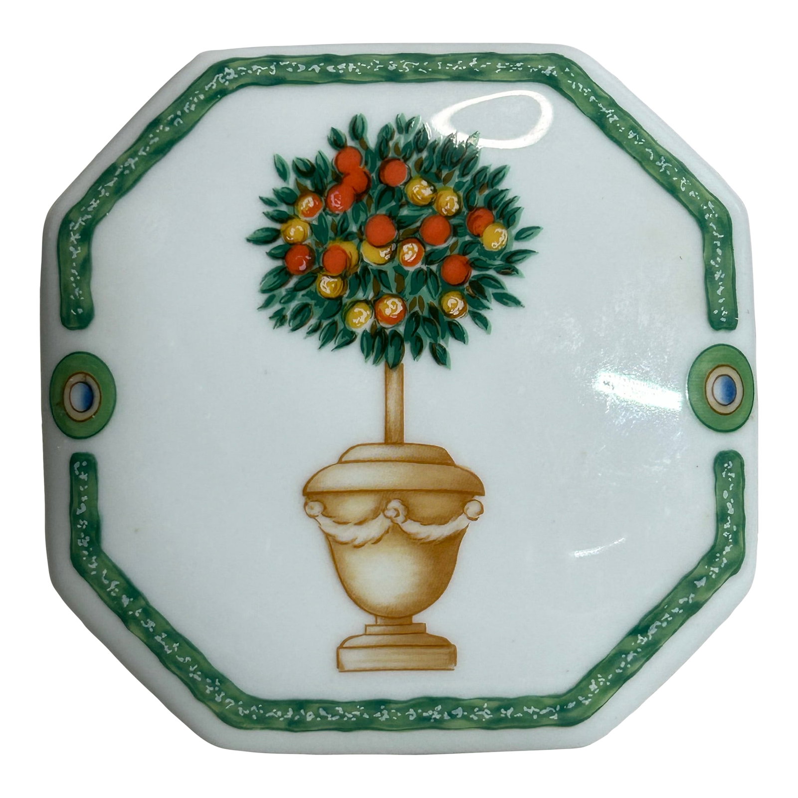 Philippe Deshoulieres Limoges France "Jardin Royal" Octagonal Topiary Trinket Box: This fine porcelain octagonal trinket box features the iconic "Jardin Royal" topiary design by legacy manufacturer Philippe Deshoulieres. The reverse backstamp documents that the intricate composition