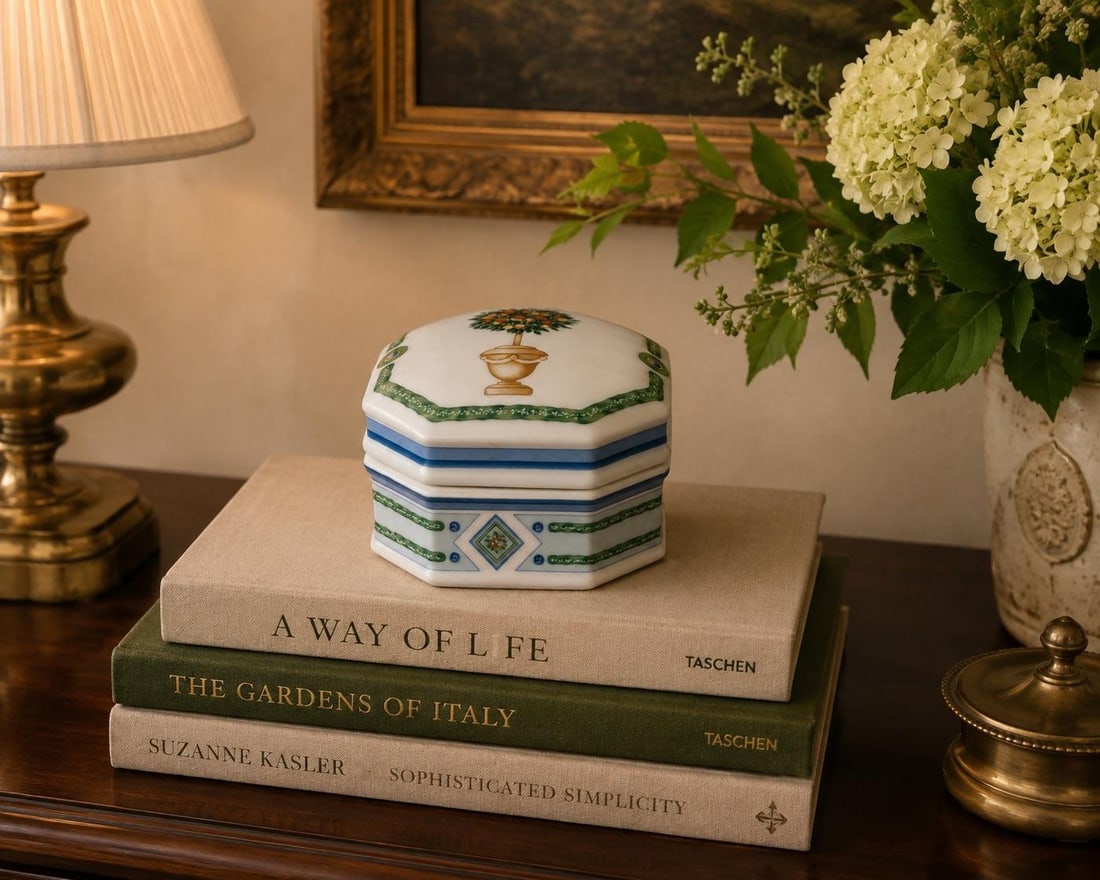 Philippe Deshoulieres Limoges France "Jardin Royal" Octagonal Topiary Trinket Box - 9