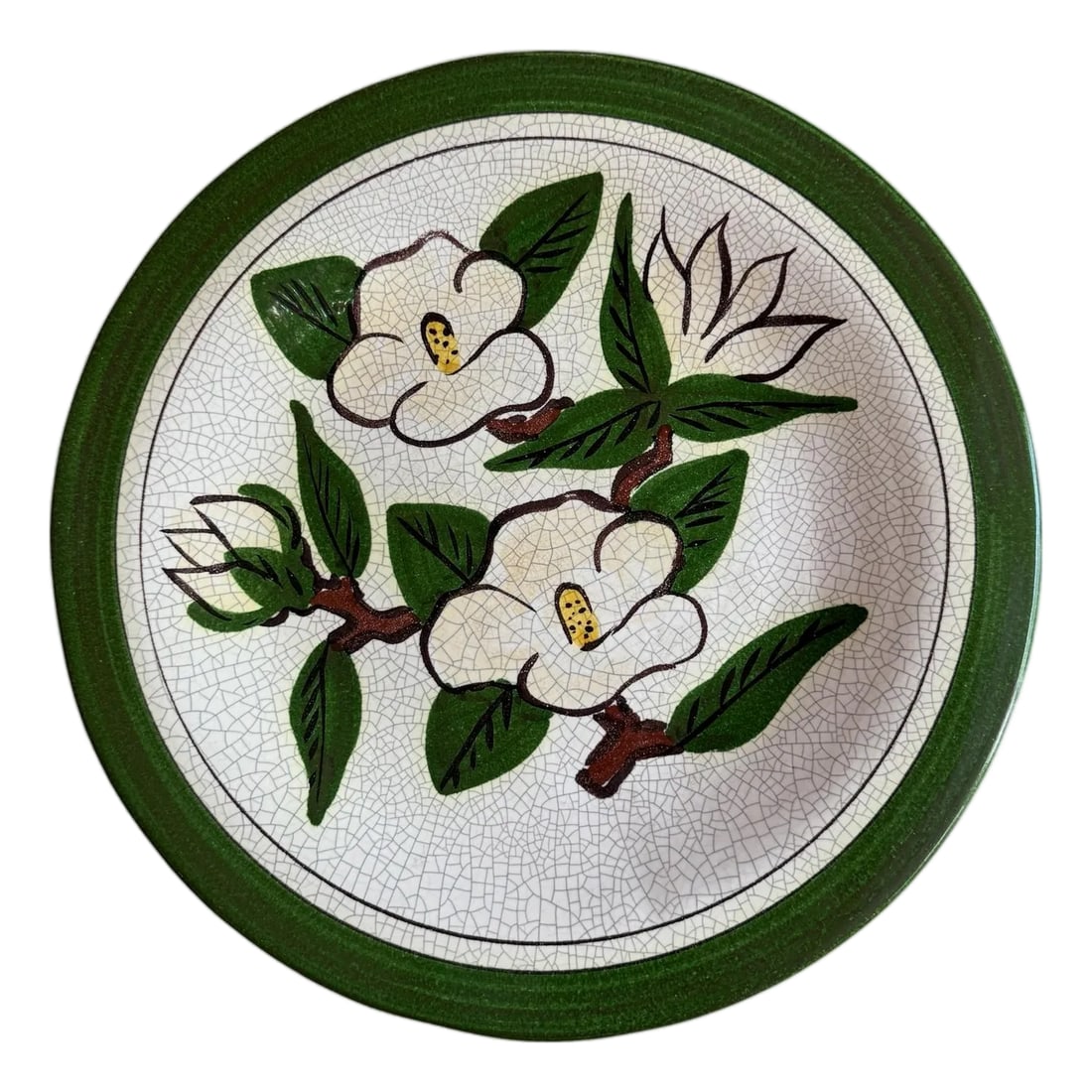 Large Vintage Majolica Magnolia Serving Platter Hartman Studios of Los Angeles, California: Large Majolica Platter Hartman Studios of Los Angeles, California Measures 15.75" Round x .75"tall. It retains its original Hartman Studio tag. This hand-painted serving platter was produced by