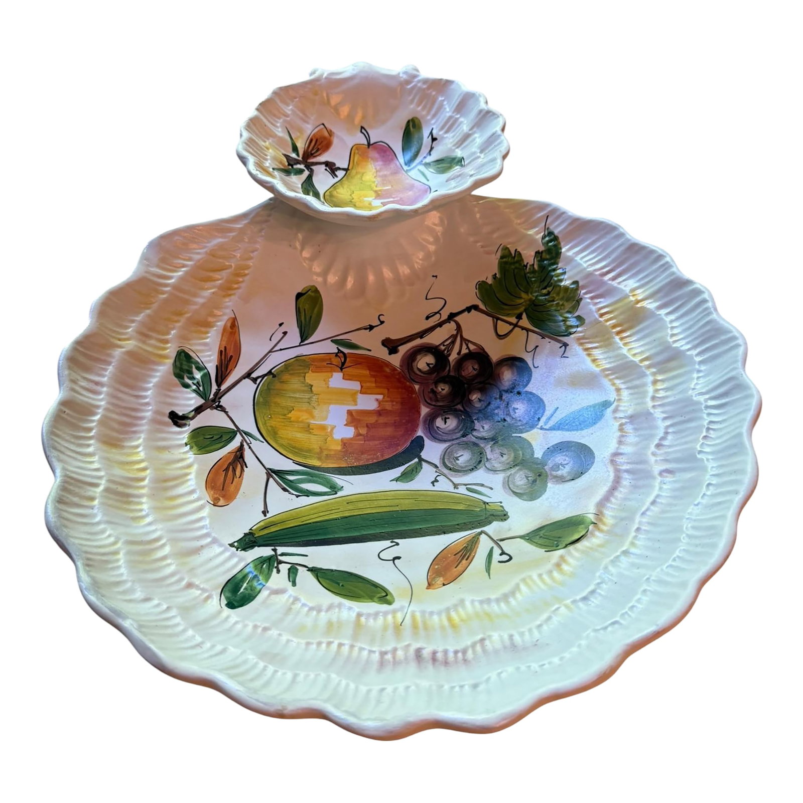 Mid 20th Century Italian Hand-Painted Ceramic Tiered Seafood & Appetizer Server With Pearl Glaze: Bring a touch of sun-drenched Mediterranean charm to your next gathering with this striking Mid-Century Modern Italian ceramic multi-purpose serving platter. Handcrafted in Italy during the mid-20th
