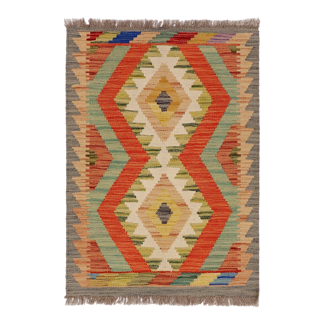 Rustic Turkish Kilim Gray Beige Hand-Woven Wool Rug: Elevate the elegance of your home with this stunning hand-woven tribal Kilim wool rug. Meticulously crafted on a loom by the Nomad Turkman people using hand-spun wool and 100% natural vegetable dyes,