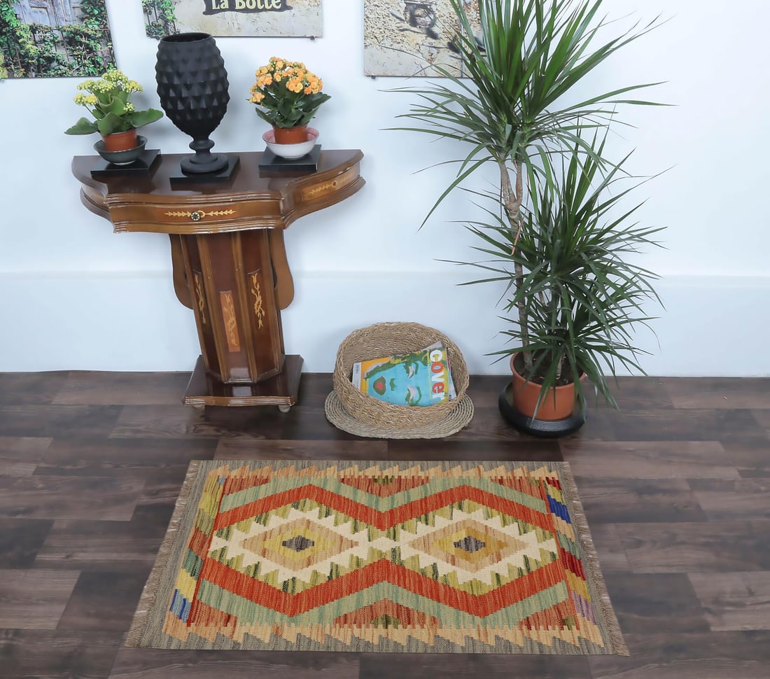 Rustic Turkish Kilim Gray Beige Hand-Woven Wool Rug - 2