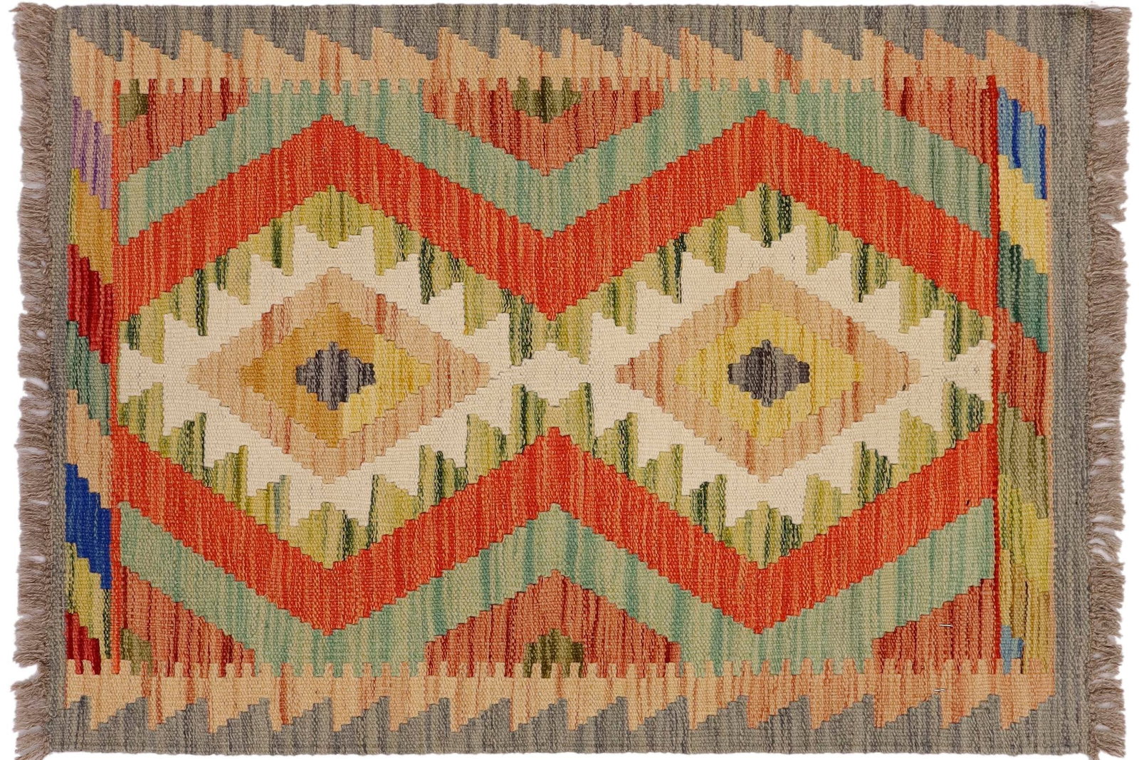 Rustic Turkish Kilim Gray Beige Hand-Woven Wool Rug - 9