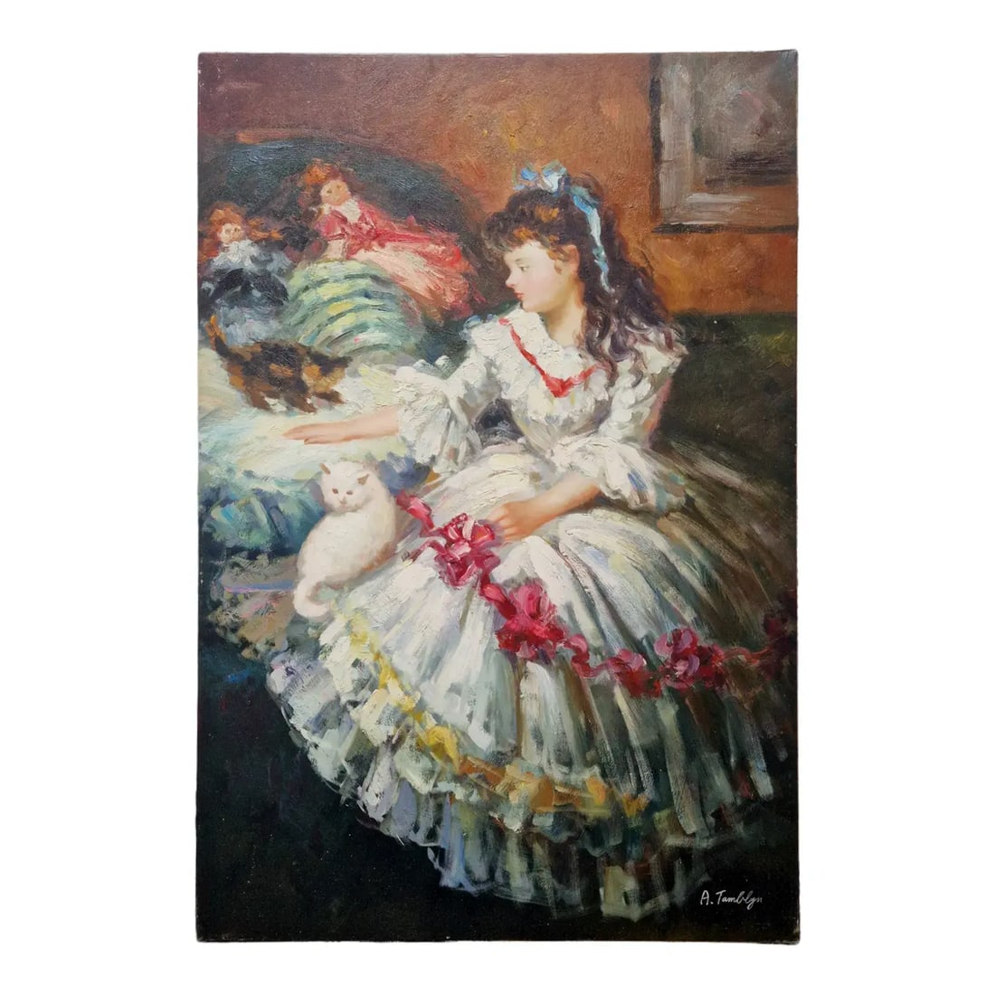 Mid-20th Century Signed Anael Tamblyn - Young Girl With Cat, Oil on Canvas: Signed oil on canvas by Anael Tamblyn, circa late 20th century, depicting a young girl seated in an interior beside a white cat and dolls. Executed in the artist's characteristic romantic style