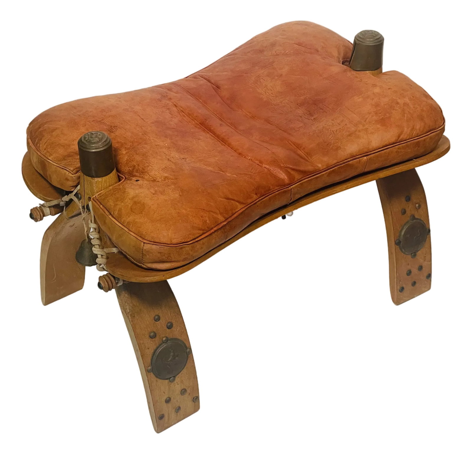 Antique Moroccan Camel Saddle Leather Footstool With Bronze Bell (1 of 5)