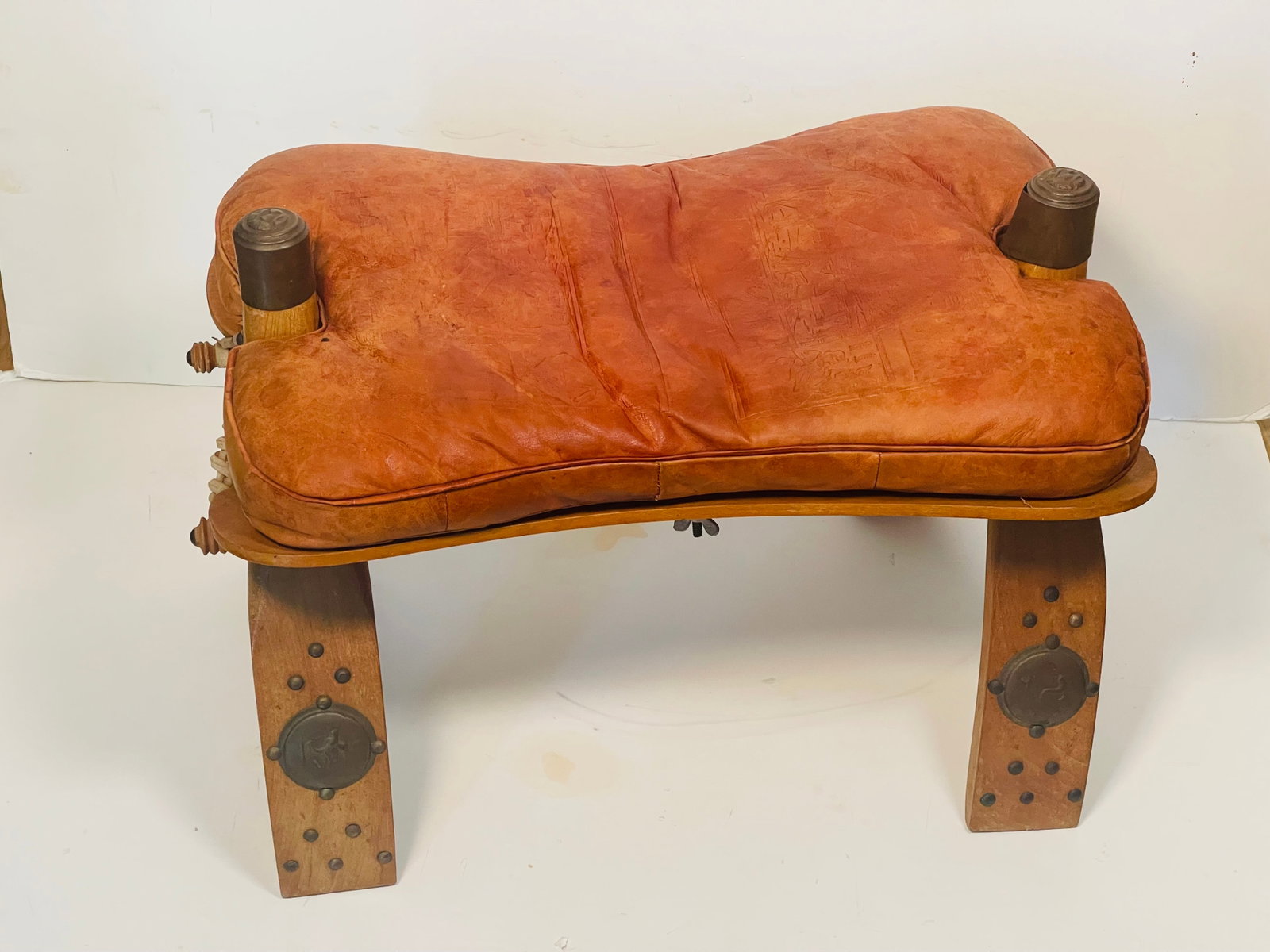 Antique Moroccan Camel Saddle Leather Footstool With Bronze Bell - 2